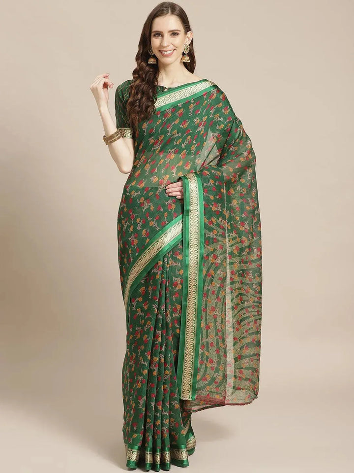 Green Printed Cotton Saree - Libas