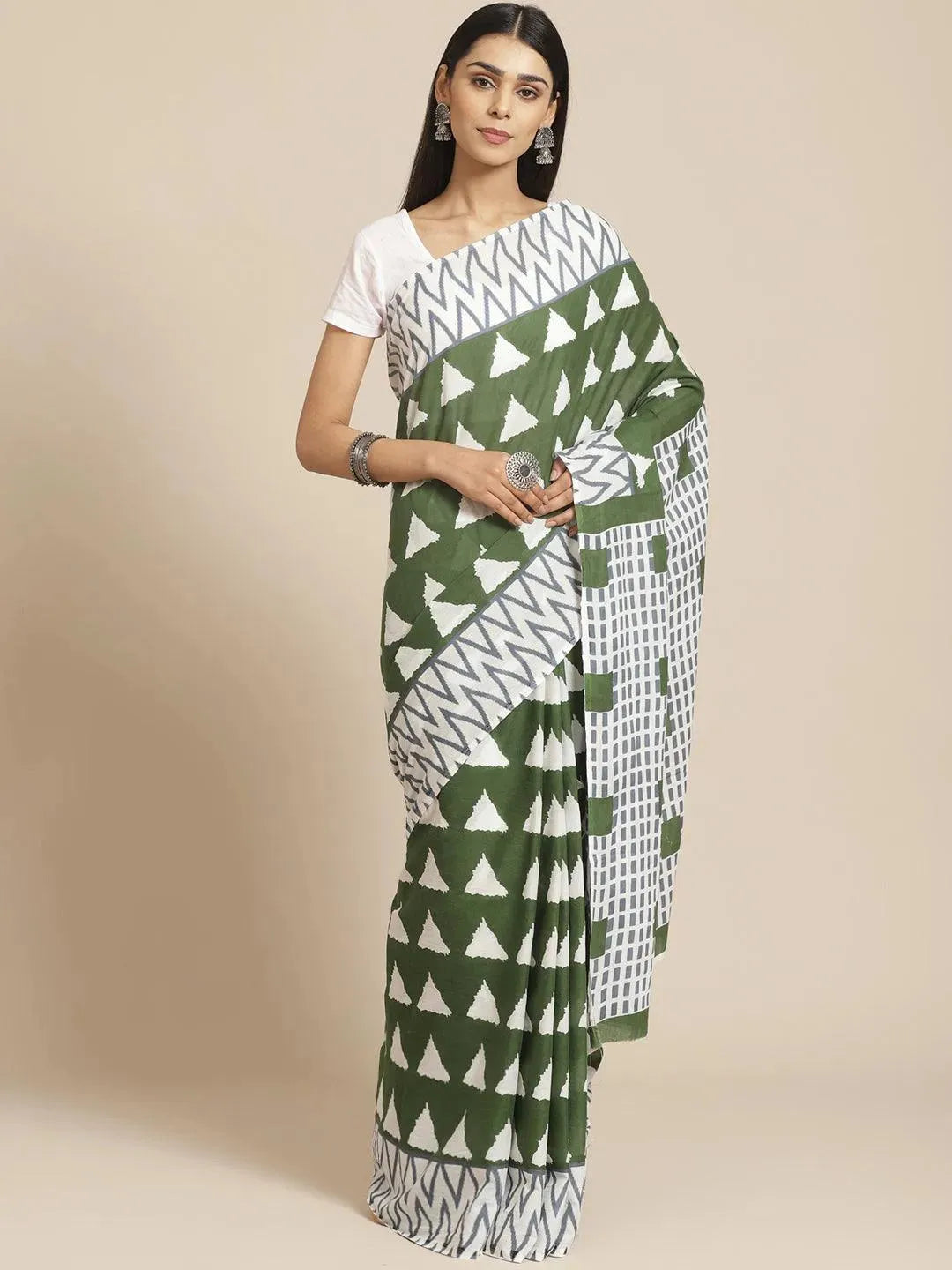 Green Printed Cotton Saree - Libas