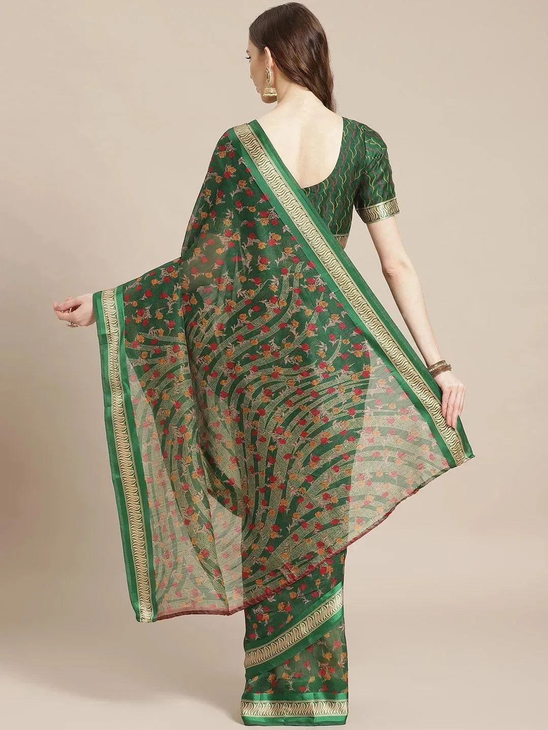 Green Printed Cotton Saree - Libas 