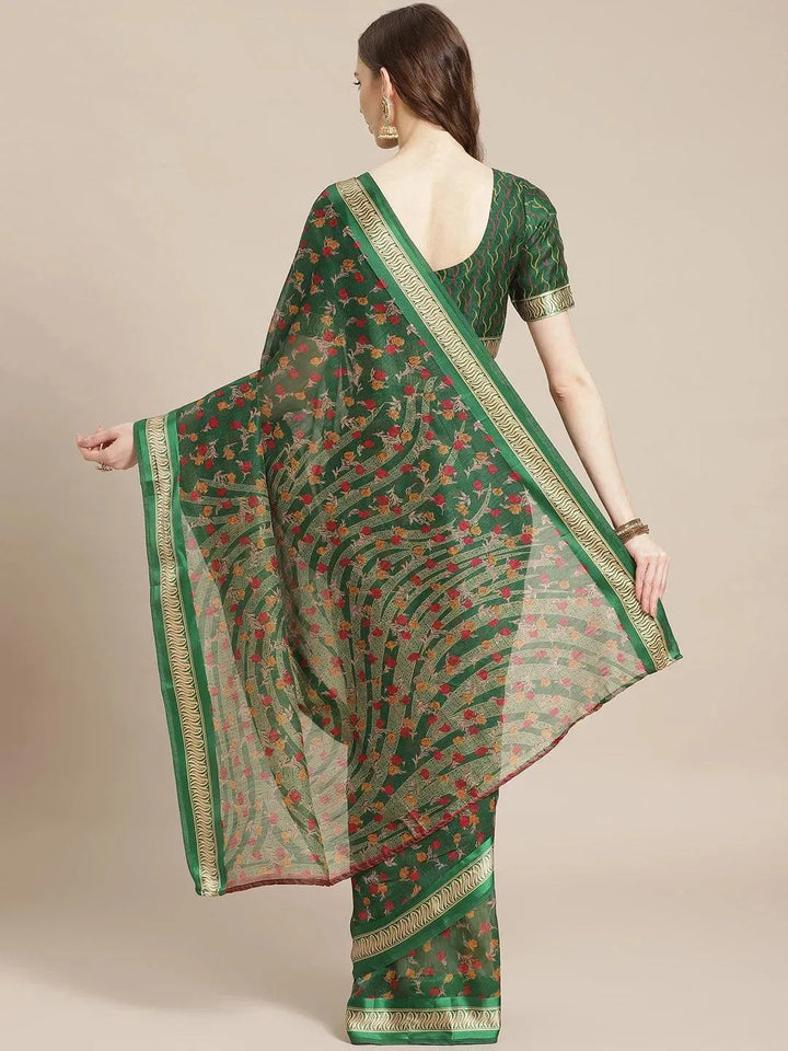 Green Printed Cotton Saree - Libas