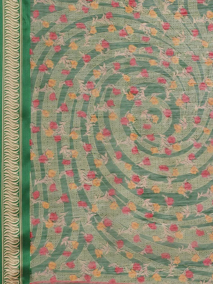 Green Printed Cotton Saree - Libas