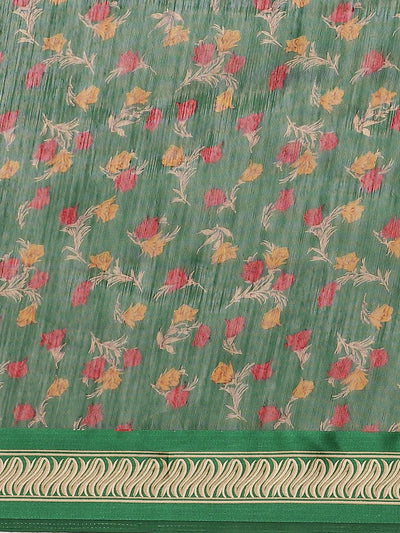 Green Printed Cotton Saree - Libas