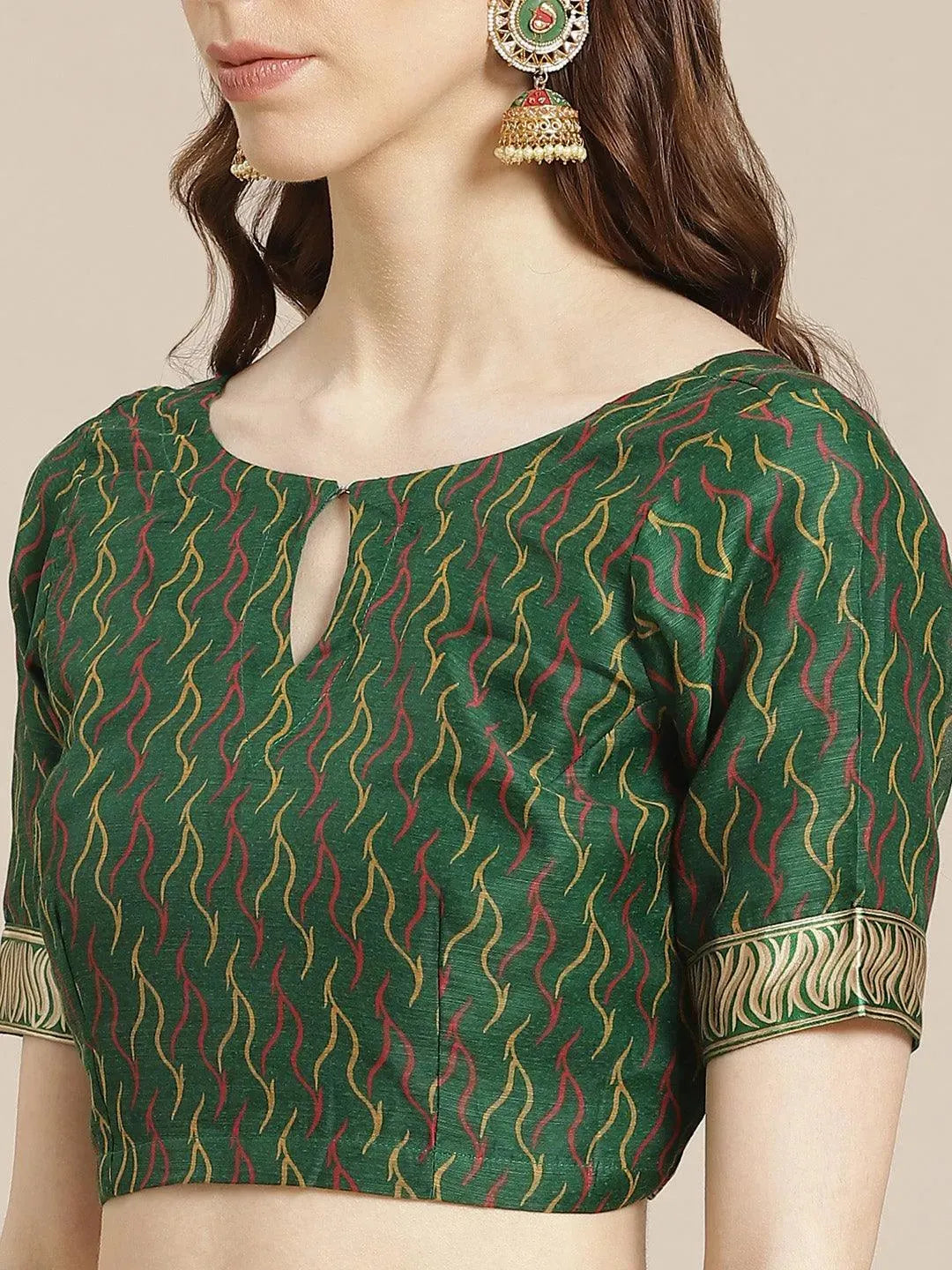 Green Printed Cotton Saree - Libas 