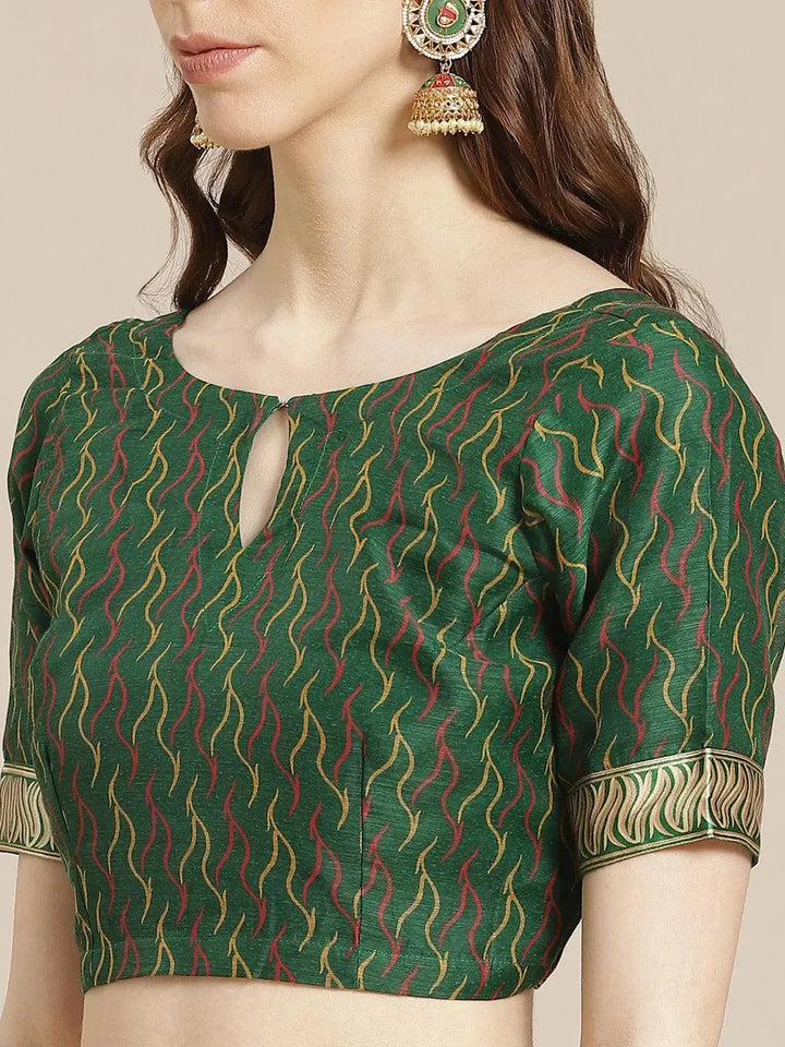 Green Printed Cotton Saree - Libas