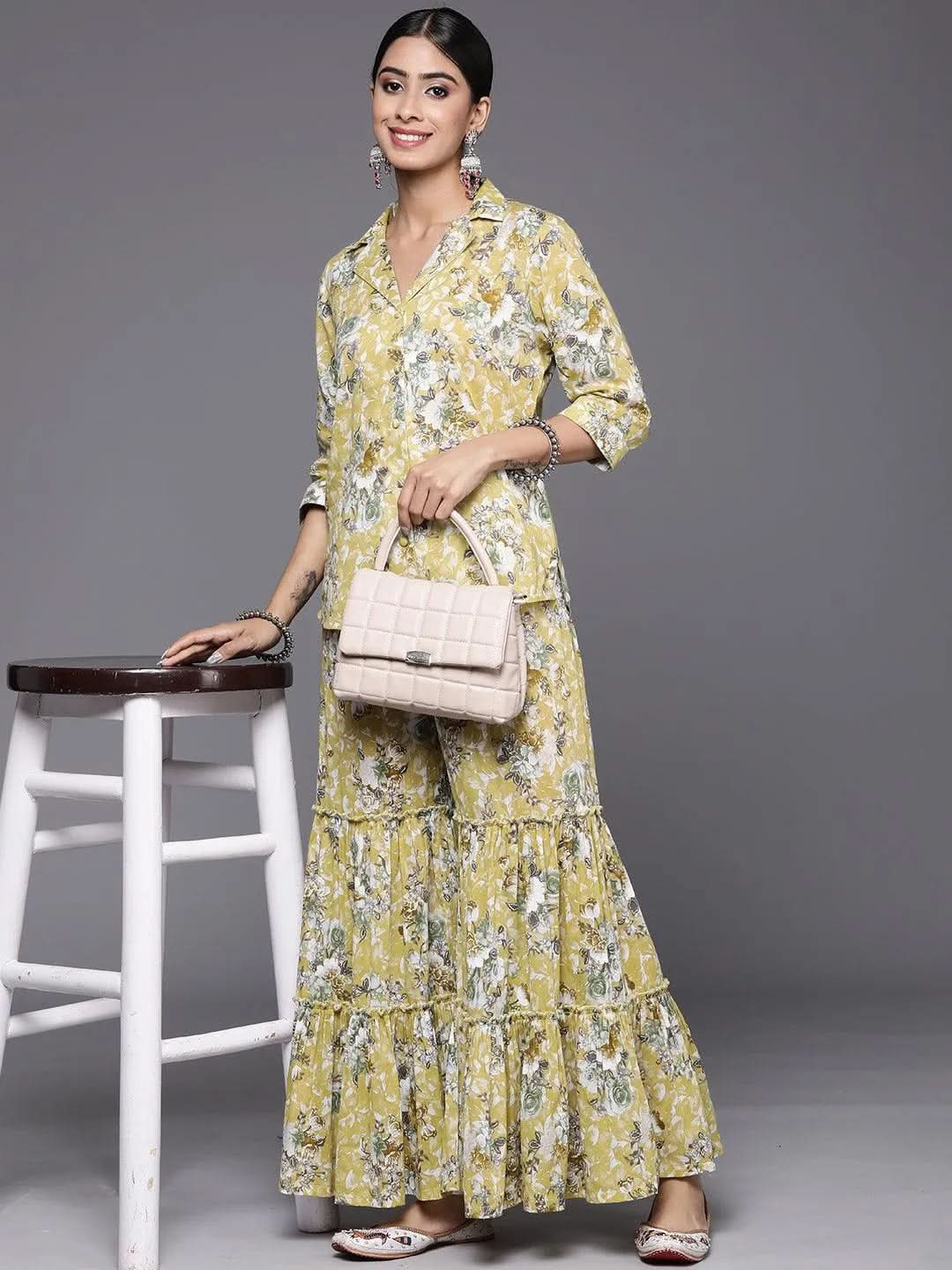 

Green Printed Cotton Shirt With Palazzos