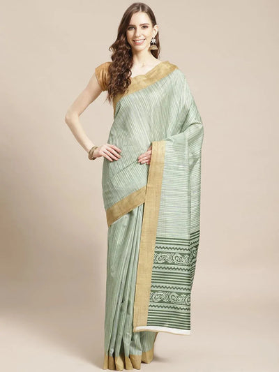 Green Printed Cotton Silk Saree - Libas