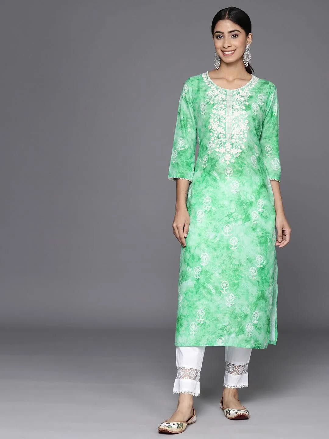 Green Printed Cotton Straight Kurta - Libas 