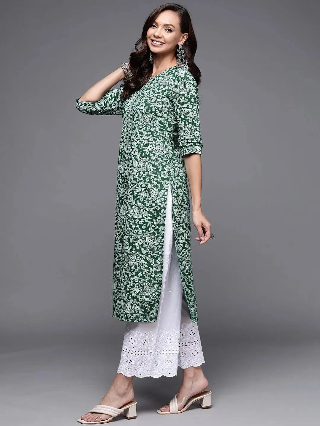 Green Printed Cotton Straight Kurta - Libas 