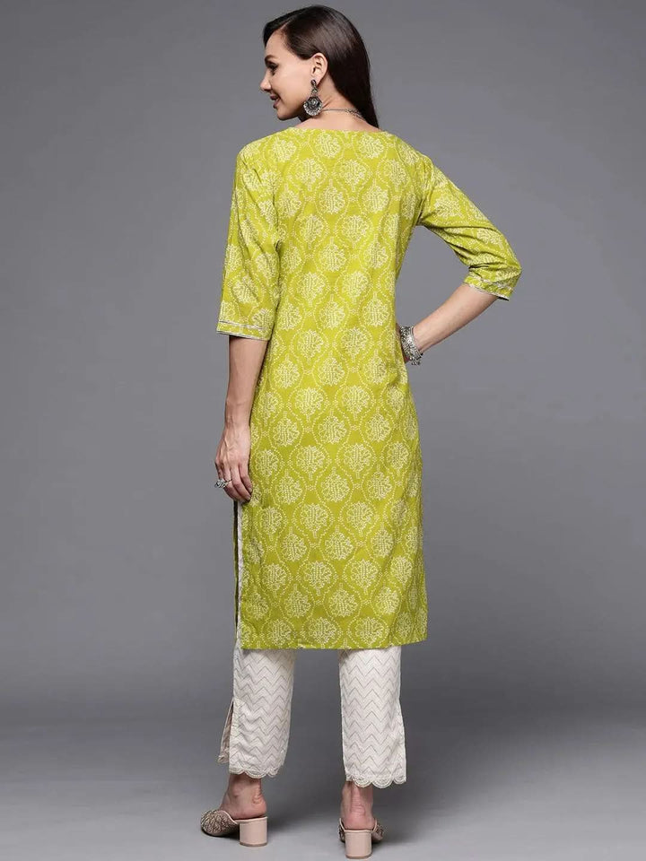 Green Printed Cotton Straight Kurta - Libas