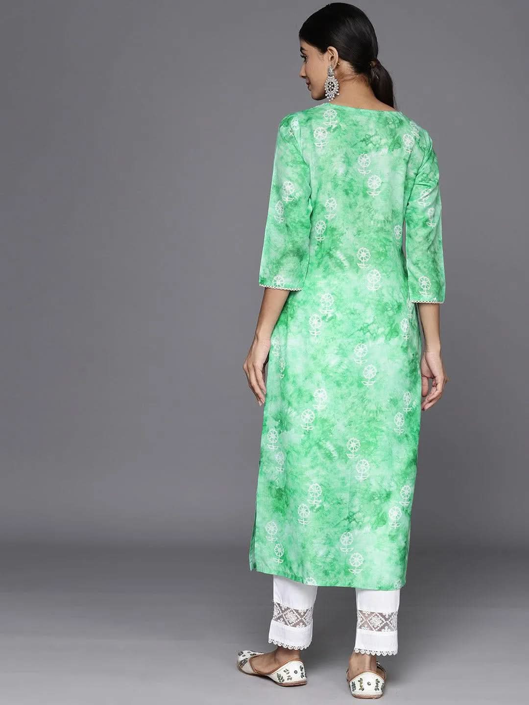 Green Printed Cotton Straight Kurta - Libas 