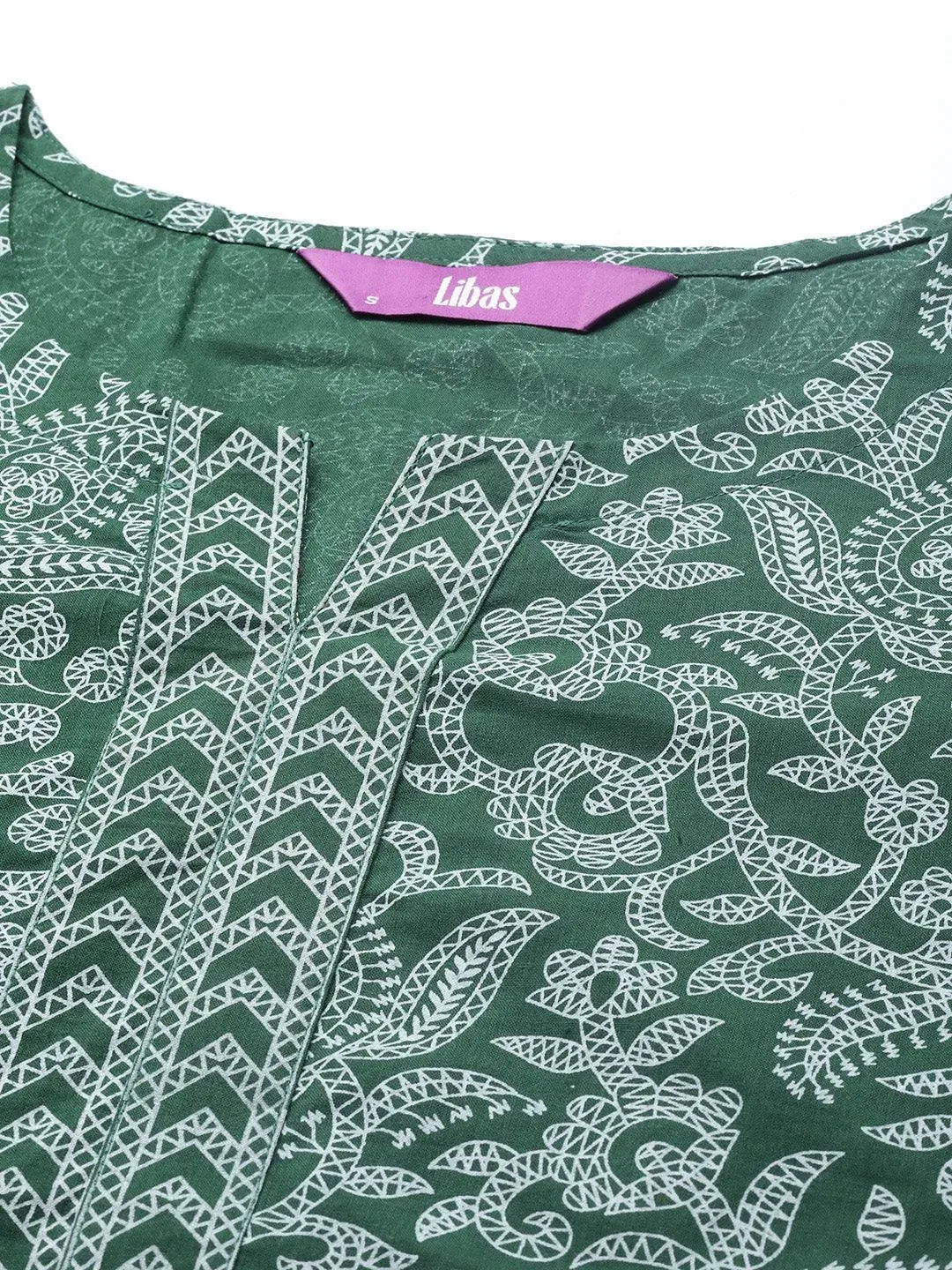Green Printed Cotton Straight Kurta - Libas 