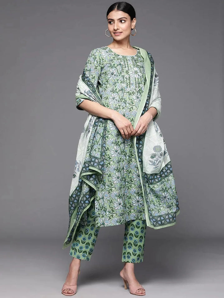 Green Printed Cotton Suit Set - Libas