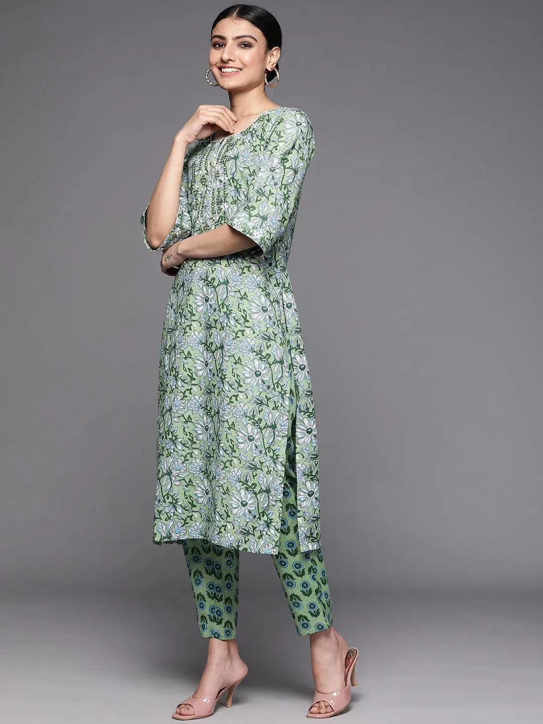 Green Printed Cotton Suit Set - Libas