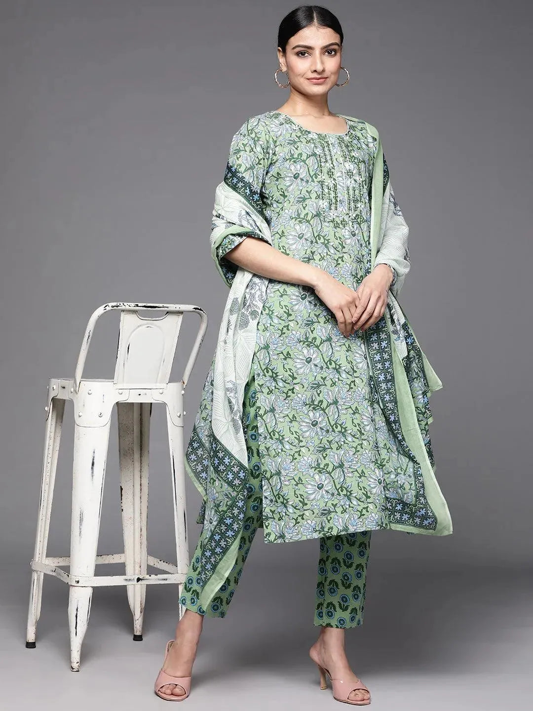 Green Printed Cotton Suit Set - Libas