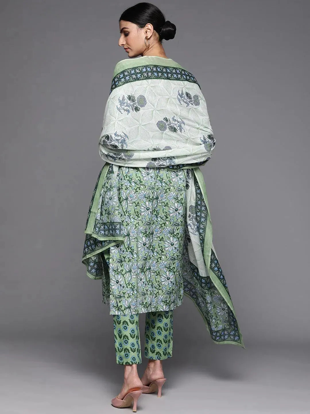 Green Printed Cotton Suit Set - Libas 