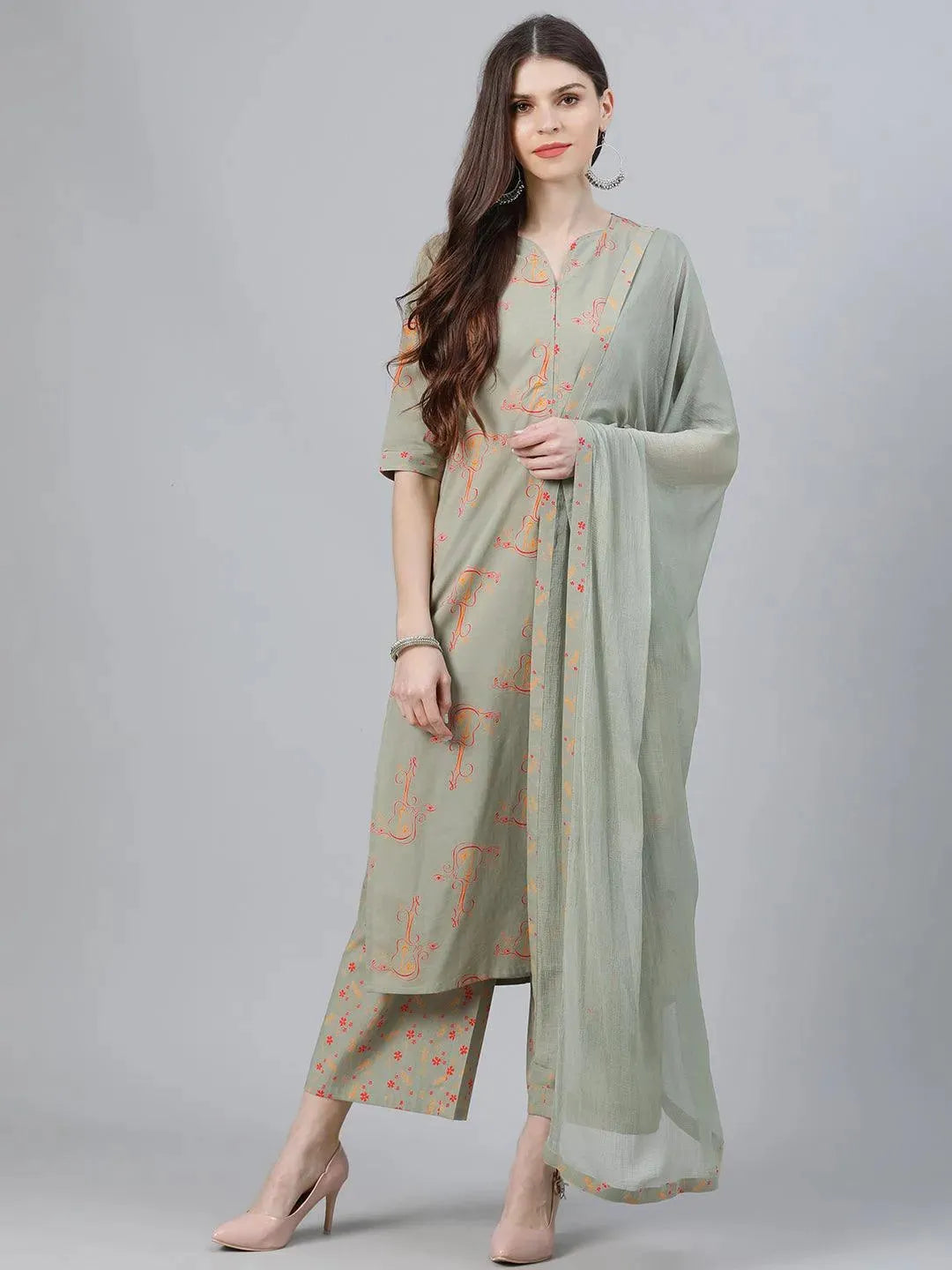 Green Printed Cotton Suit Set - Libas