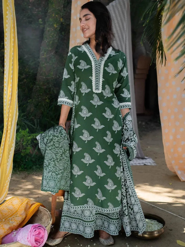 Green Printed Cotton Straight Suit Set - Libas