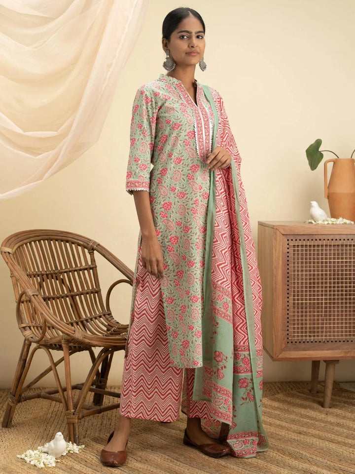 Green Printed Cotton Suit Set - Libas