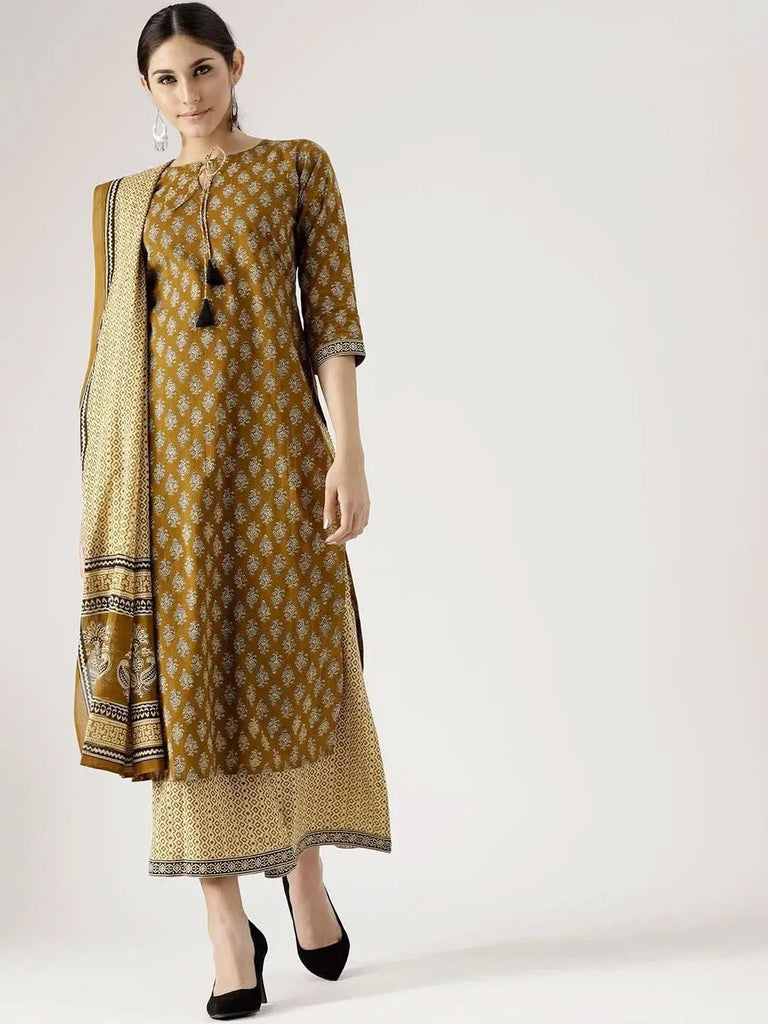 Libas Green Printed Cotton Straight Kurta With Palazzos & Dupatta