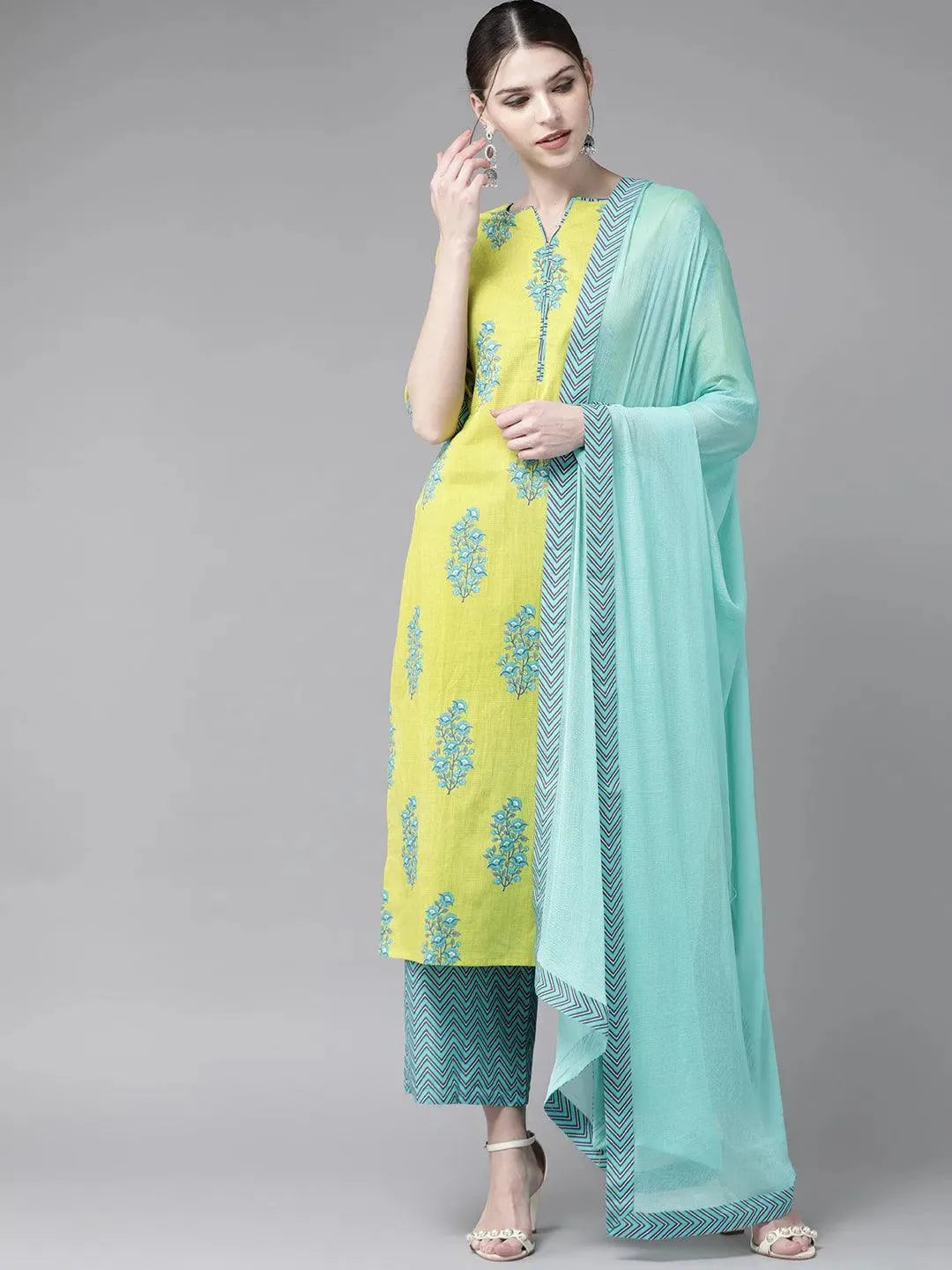 Green Printed Cotton Suit Set - Libas 