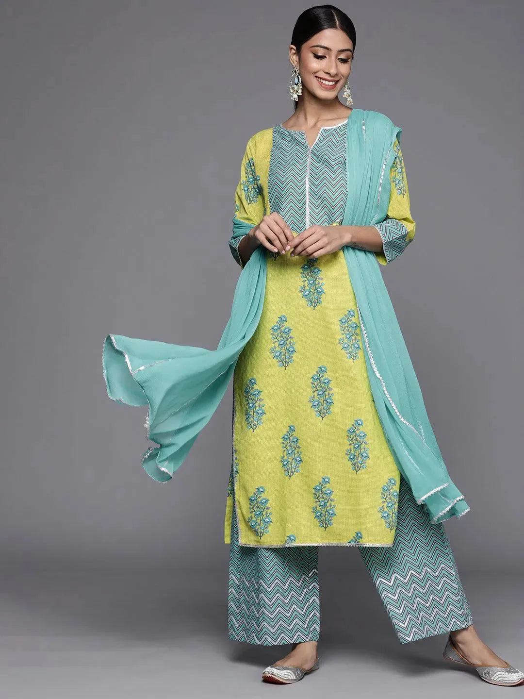 Green Printed Cotton Suit Set - Libas