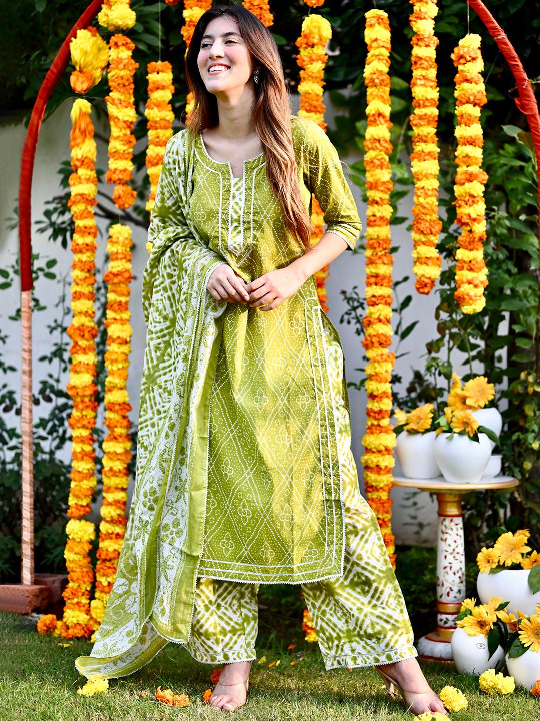 Green Printed Cotton Straight Suit Set - Libas