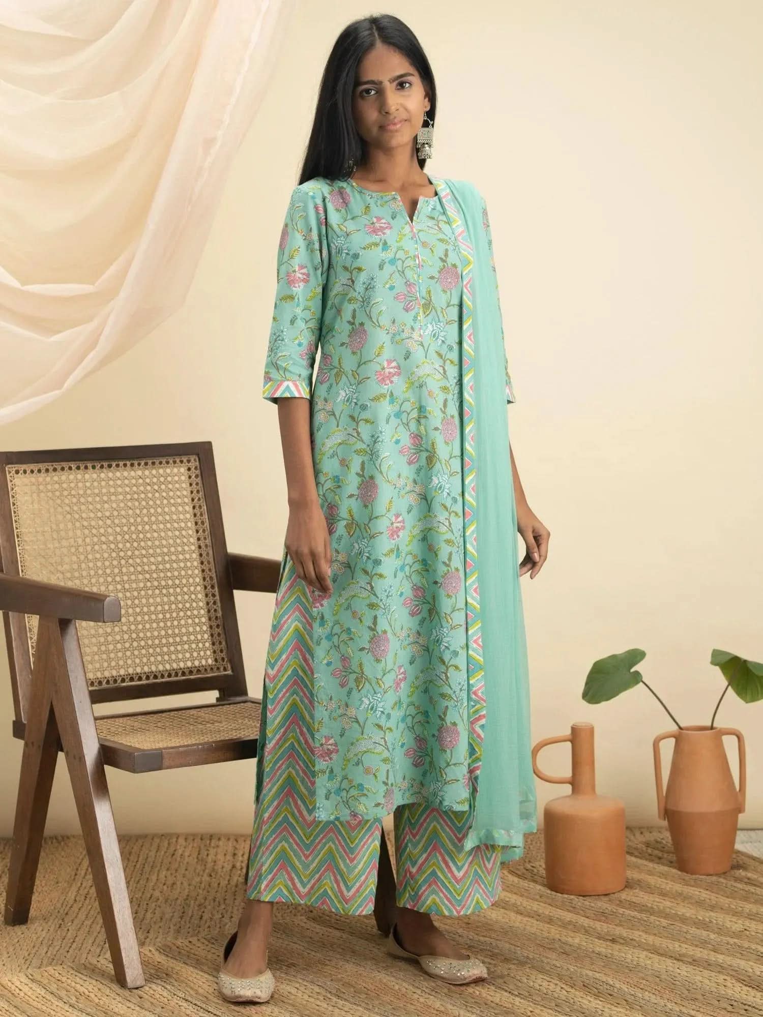 Green Printed Cotton A-Line Kurta With Palazzos & Dupatta