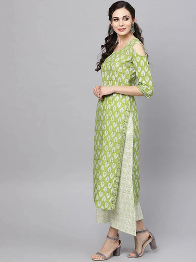 Green Printed Cotton Suit Set - Libas