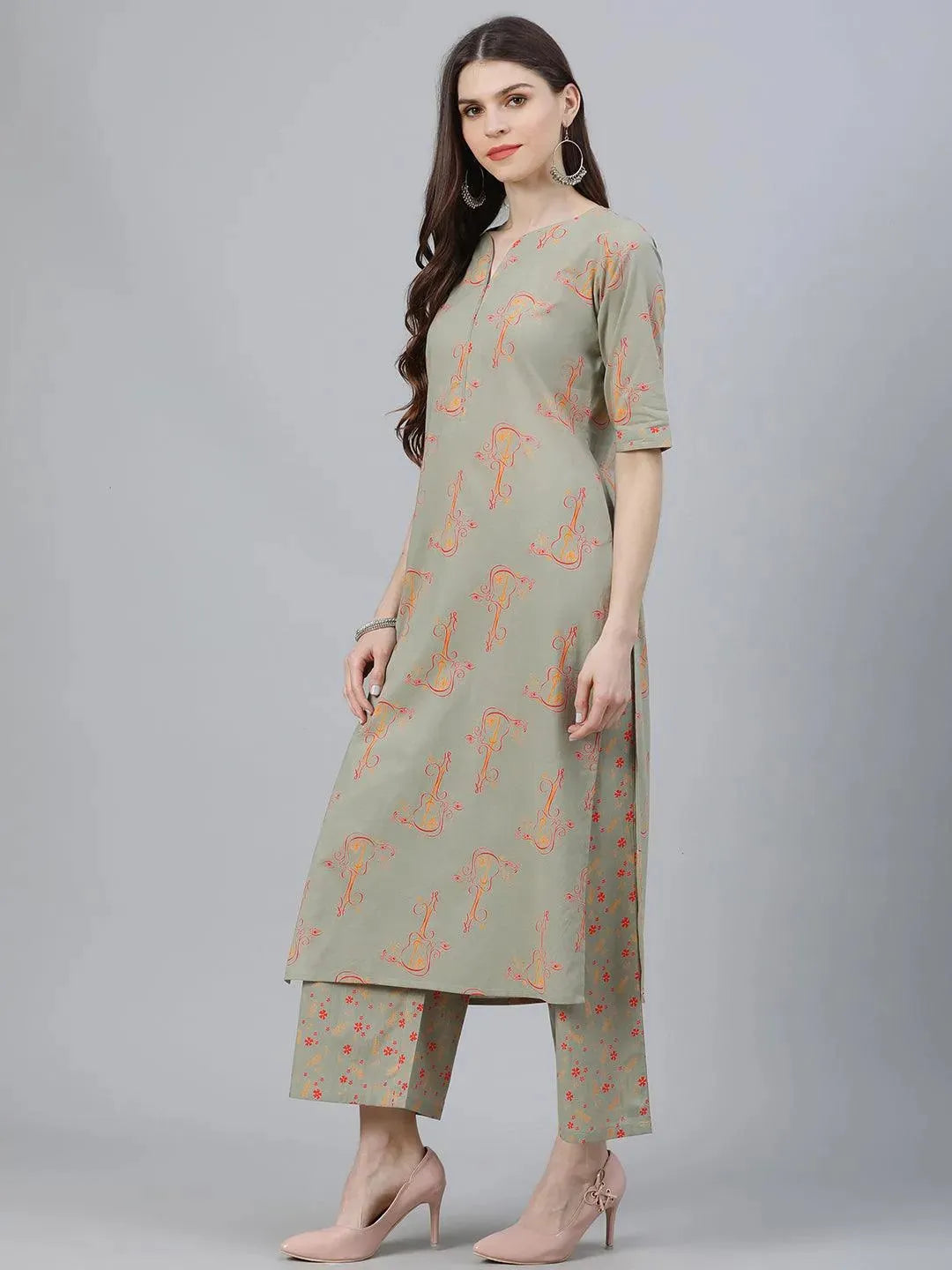 Green Printed Cotton Suit Set - Libas 