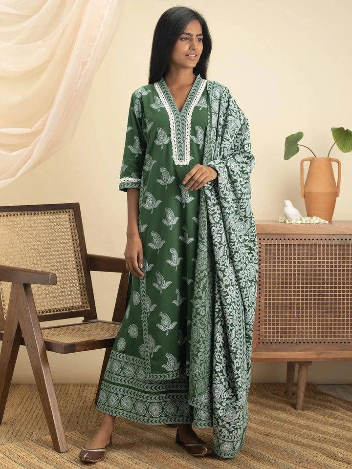 Green Printed Cotton Straight Suit Set - Libas