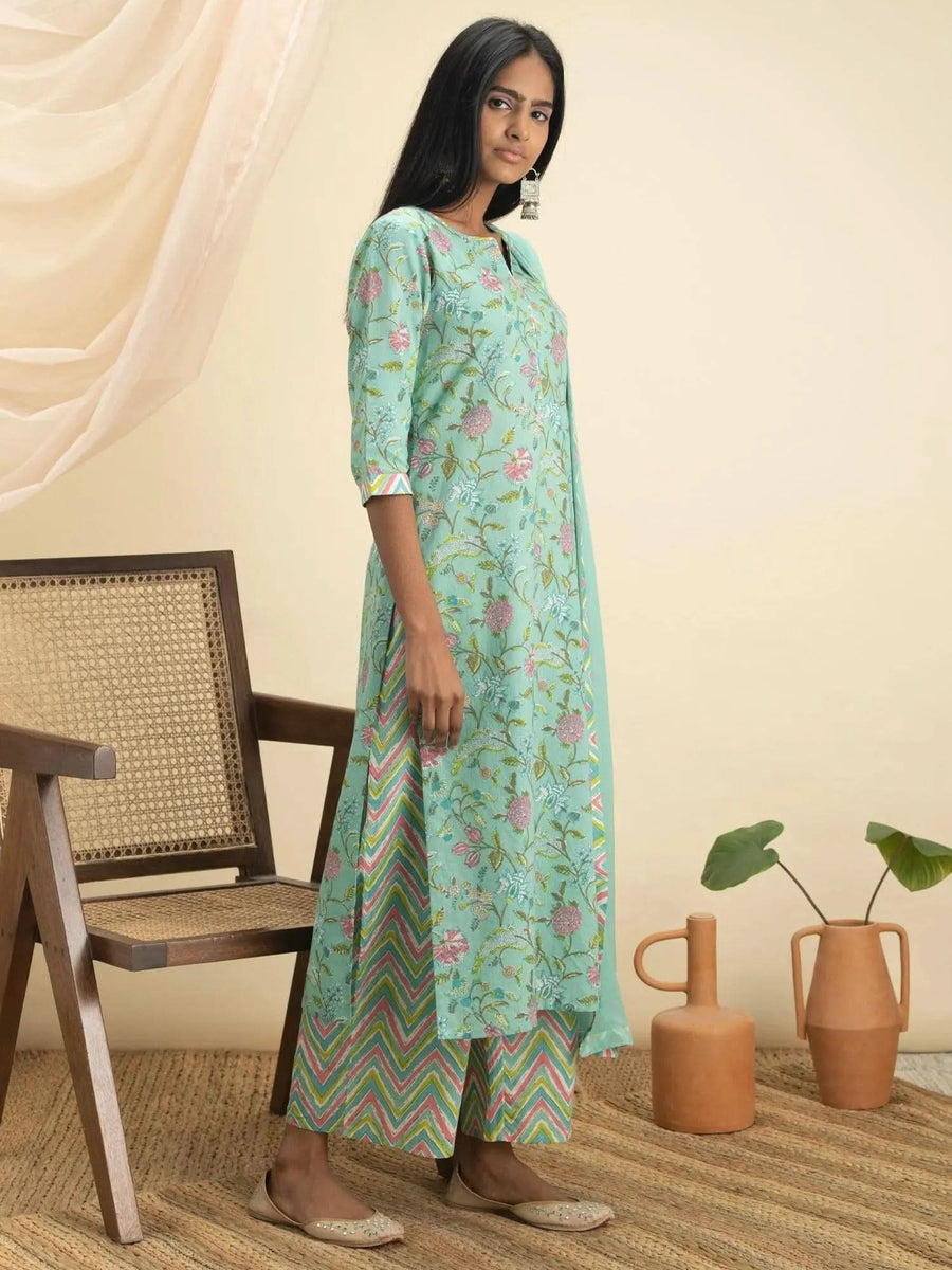 Women Green Printed Straight Kurta And White Solid Palazzo With Lace Detail