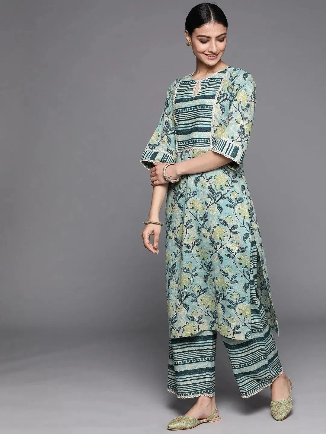 Green Printed Cotton Suit Set - Libas