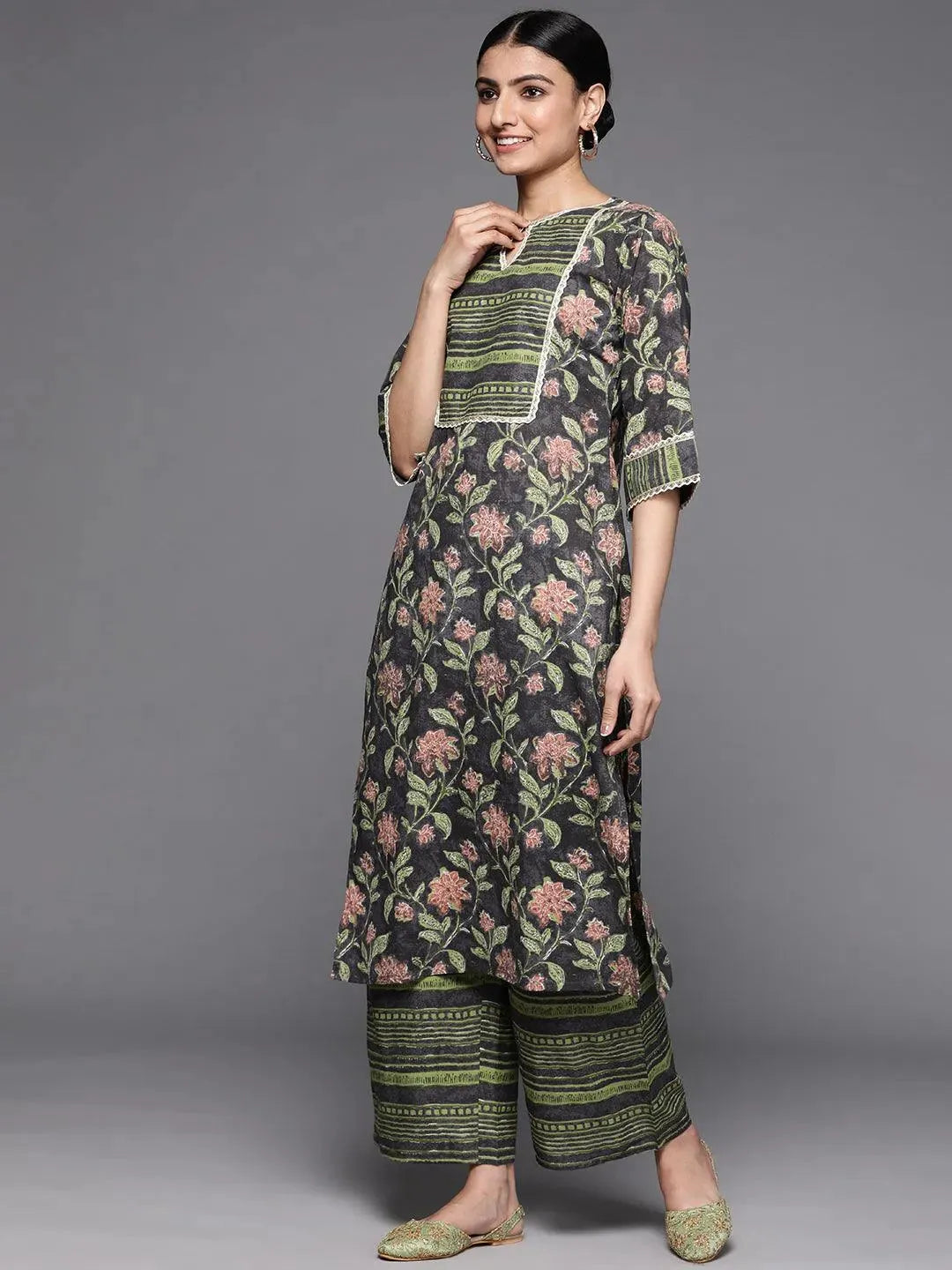 Green Printed Cotton Suit Set - Libas 