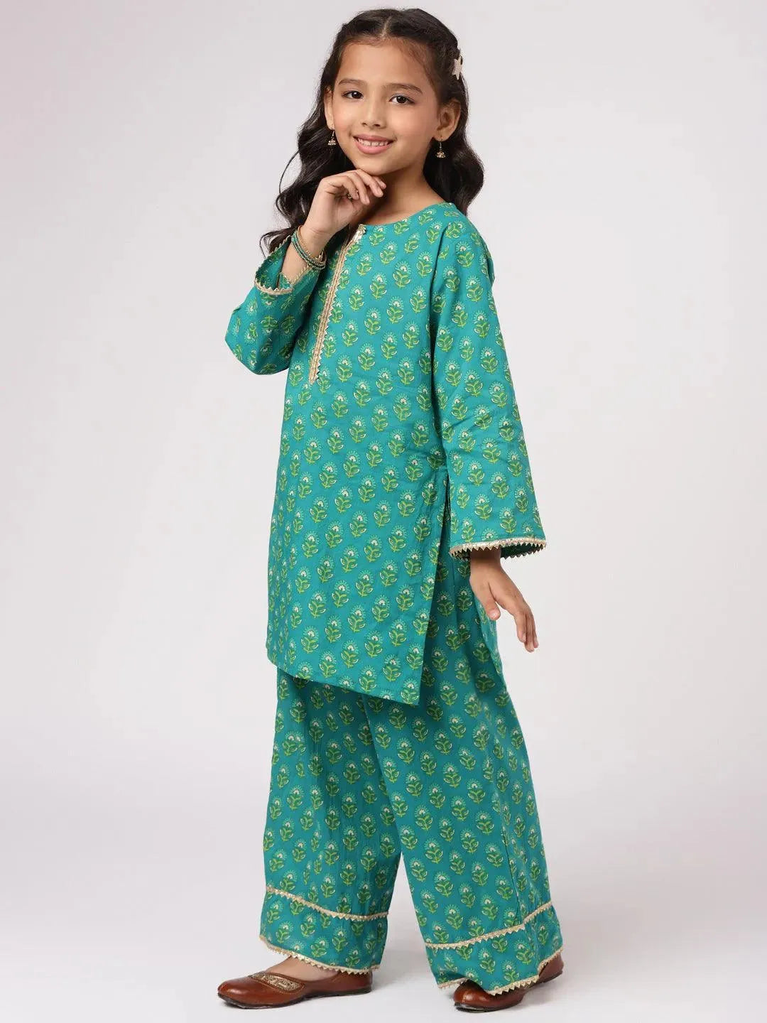 Green Printed Cotton Suit Set - Libas 