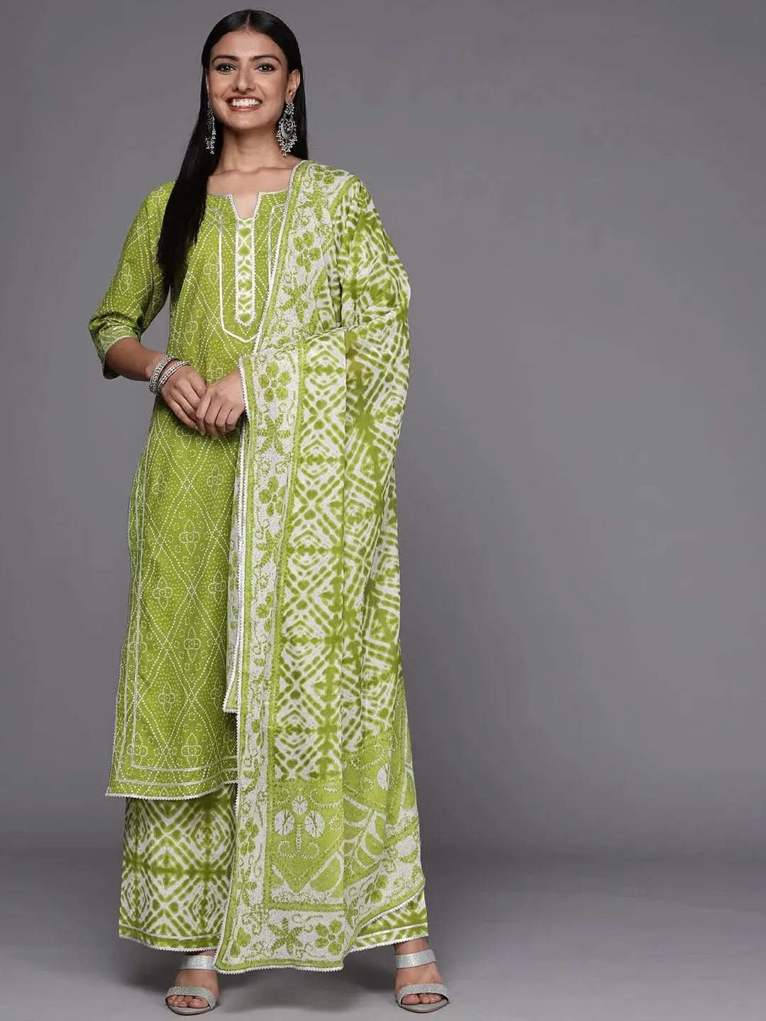 Green Printed Cotton Straight Suit Set - Libas 