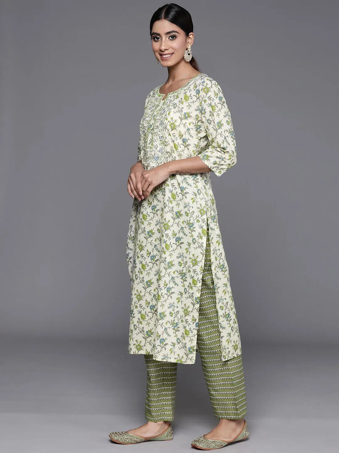 Green Printed Cotton Straight Kurta With Palazzos & Dupatta - Libas 