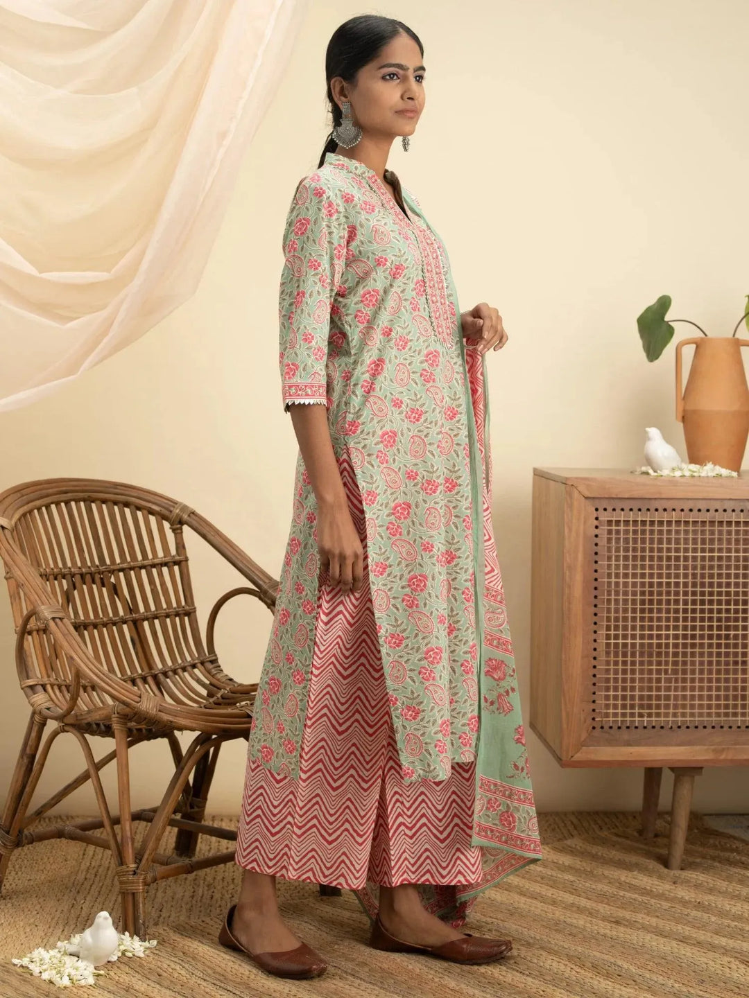 Green Printed Cotton Suit Set - Libas 