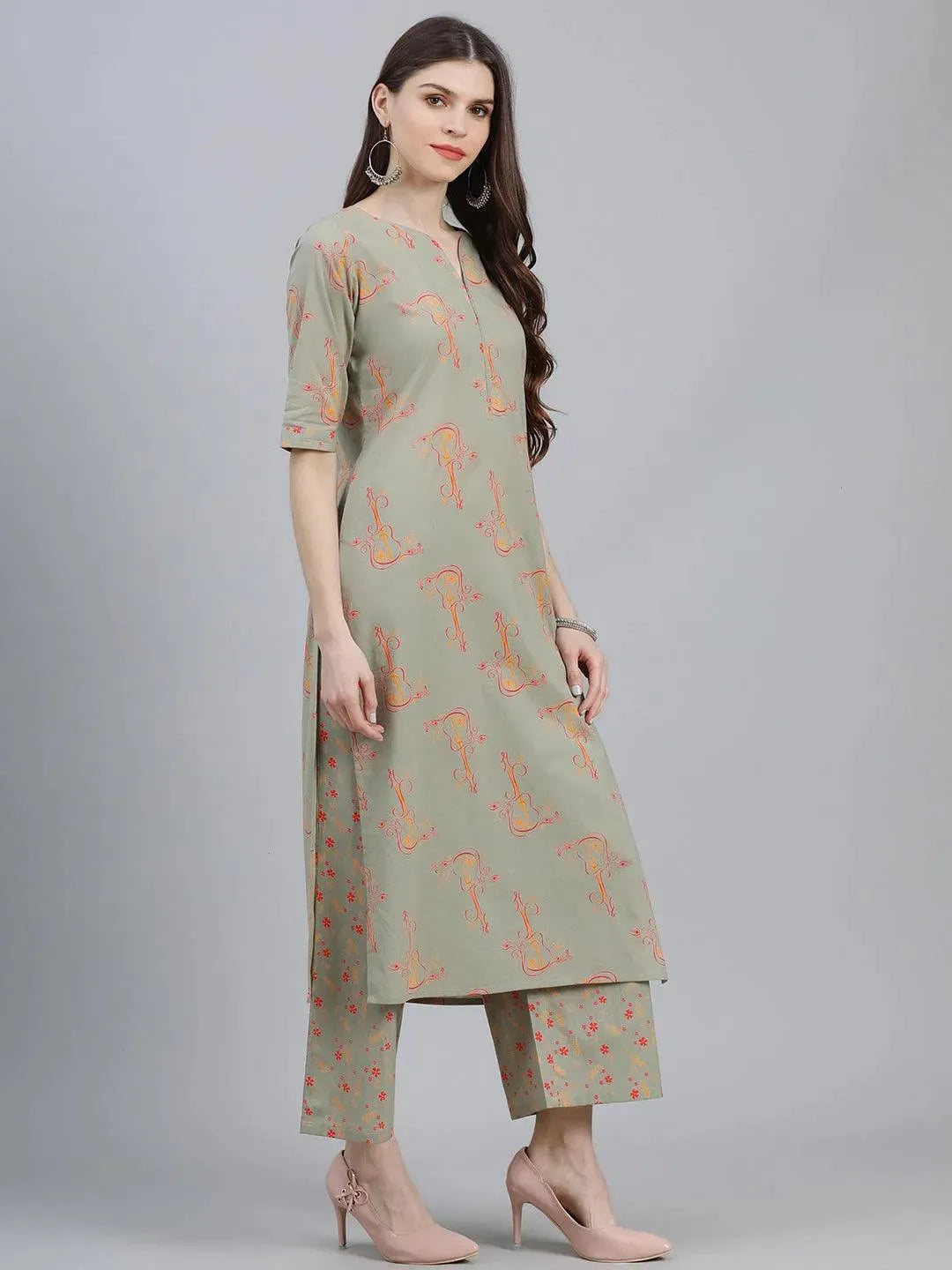 Green Printed Cotton Suit Set - Libas 