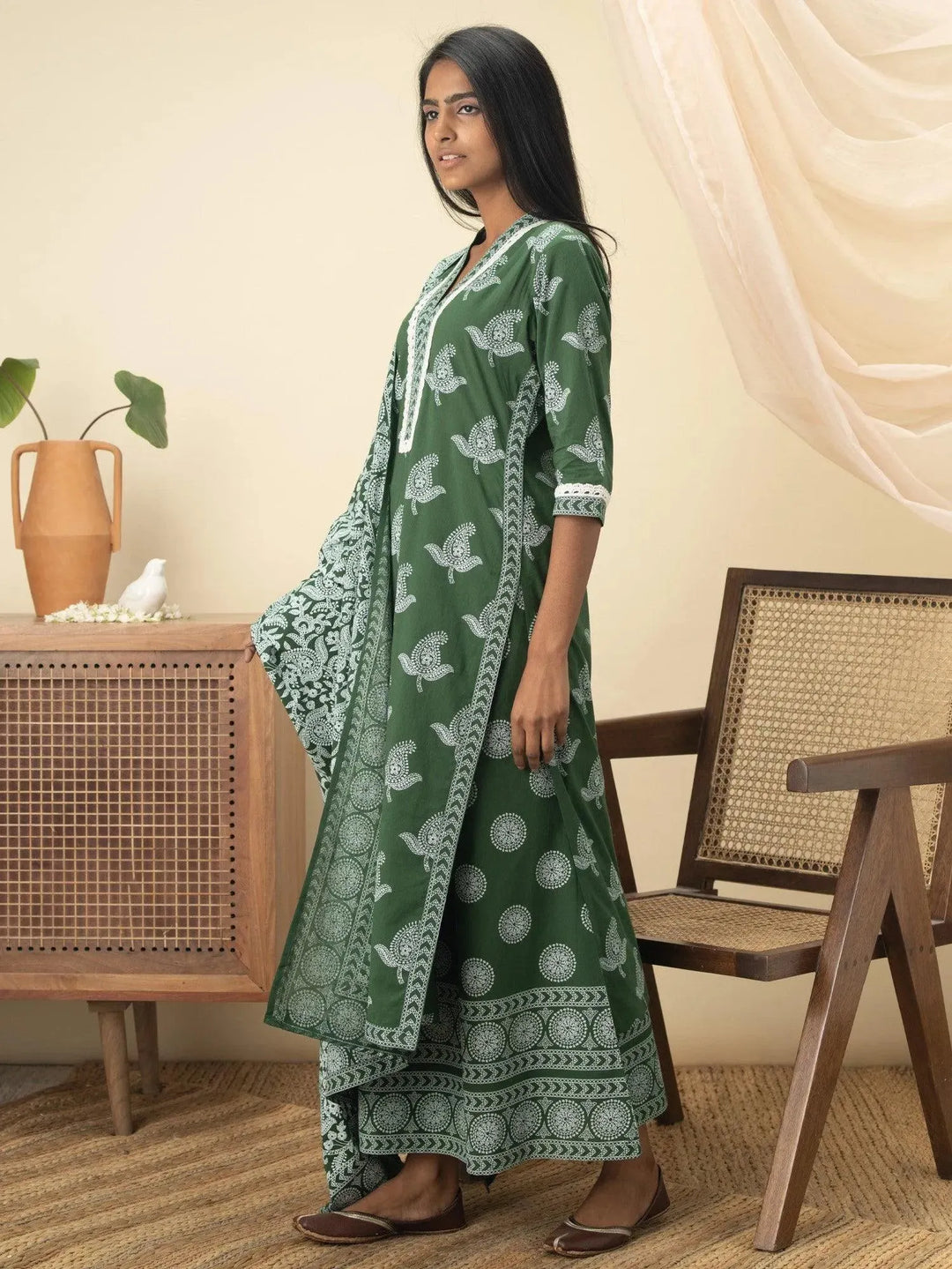 Green Printed Cotton Straight Suit Set - Libas