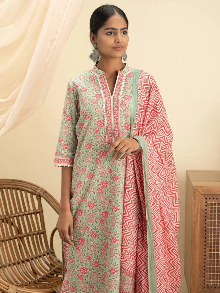 Green Printed Cotton Suit Set - Libas