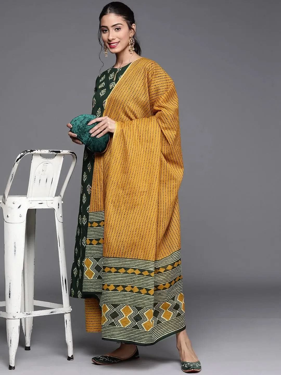 Green Printed Cotton Suit Set - Libas 