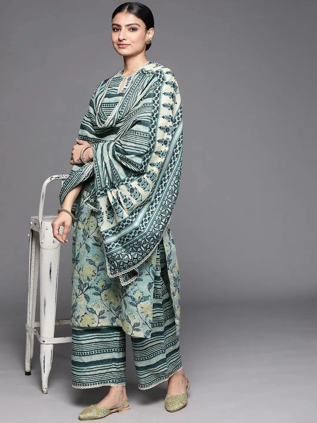 Green Printed Cotton Suit Set - Libas