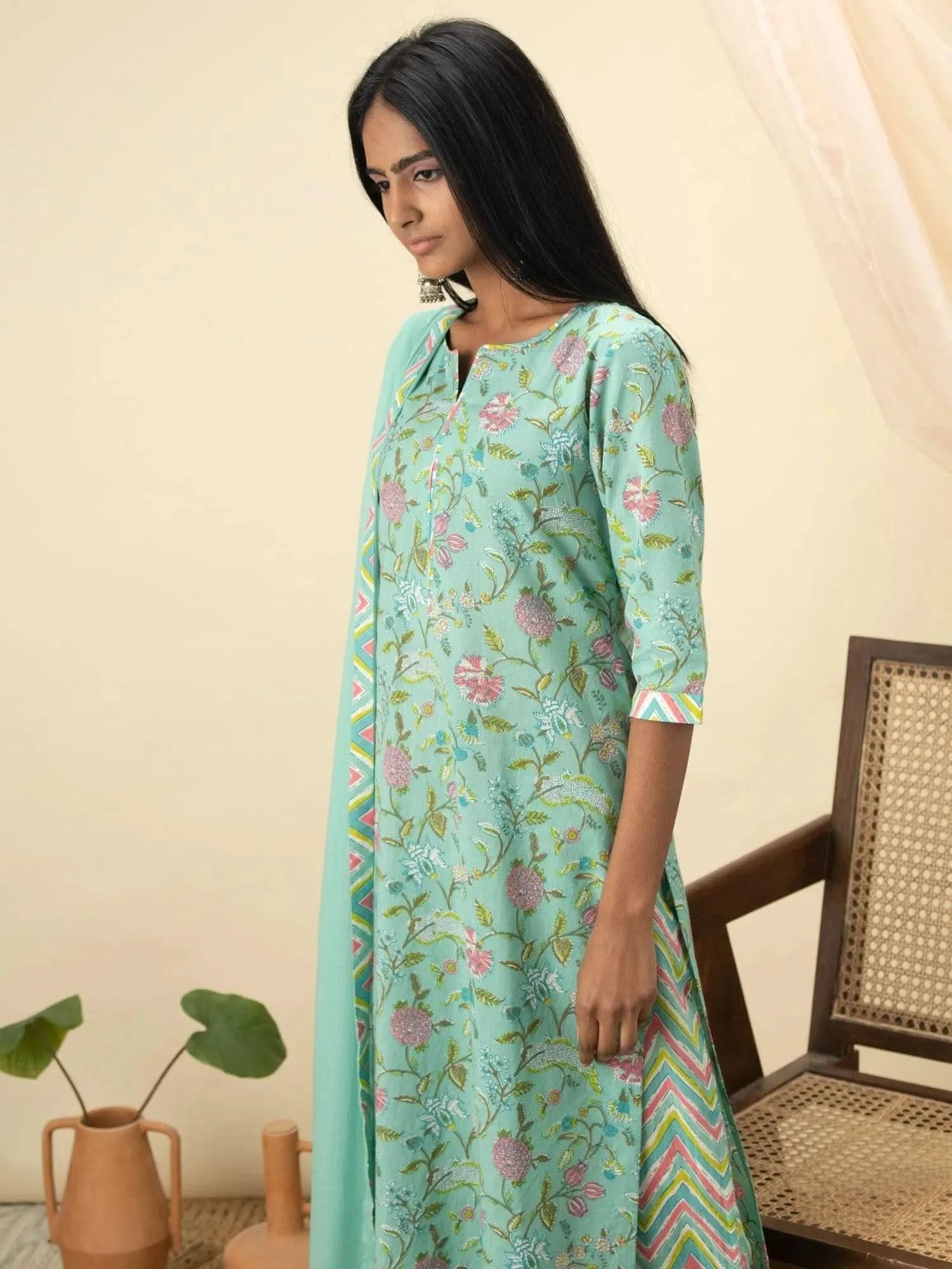 Green Printed Cotton Straight Kurta With Salwar & Dupatta