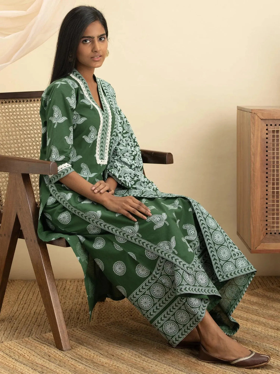 Green Printed Cotton Straight Suit Set - Libas