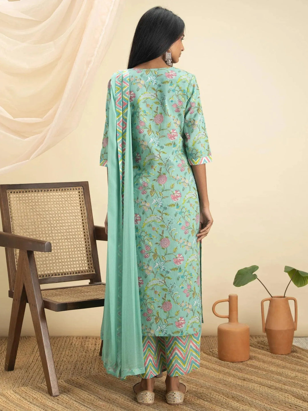 Green Printed Cotton Suit Set - Libas 