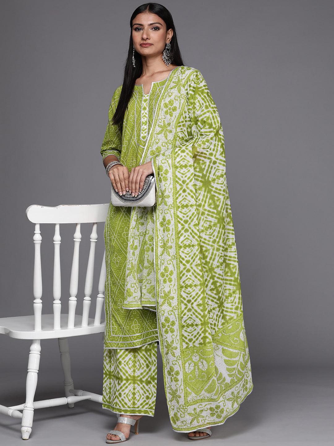 Green Printed Cotton Straight Suit Set - Libas