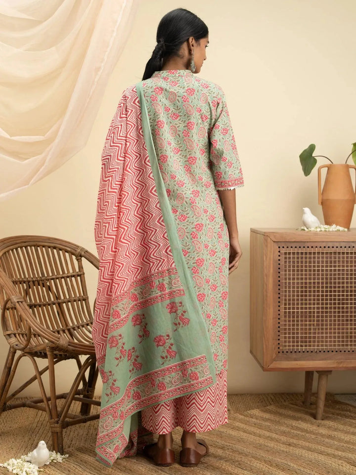 Green Printed Cotton Suit Set - Libas