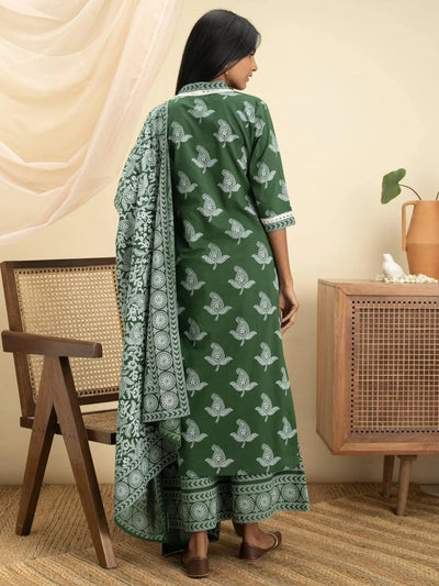 Green Printed Cotton Straight Suit Set - Libas