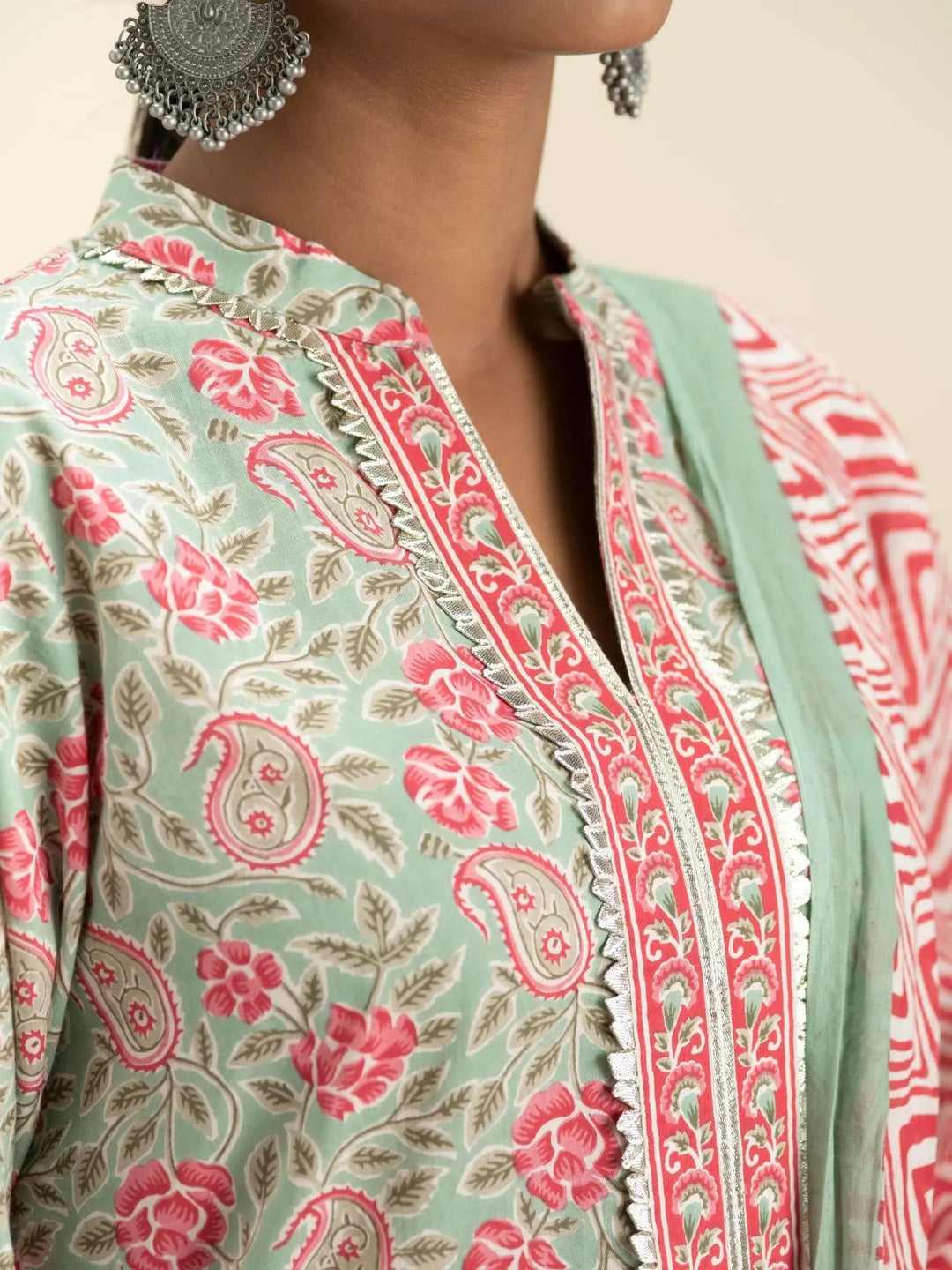 Green Printed Cotton Suit Set - Libas 