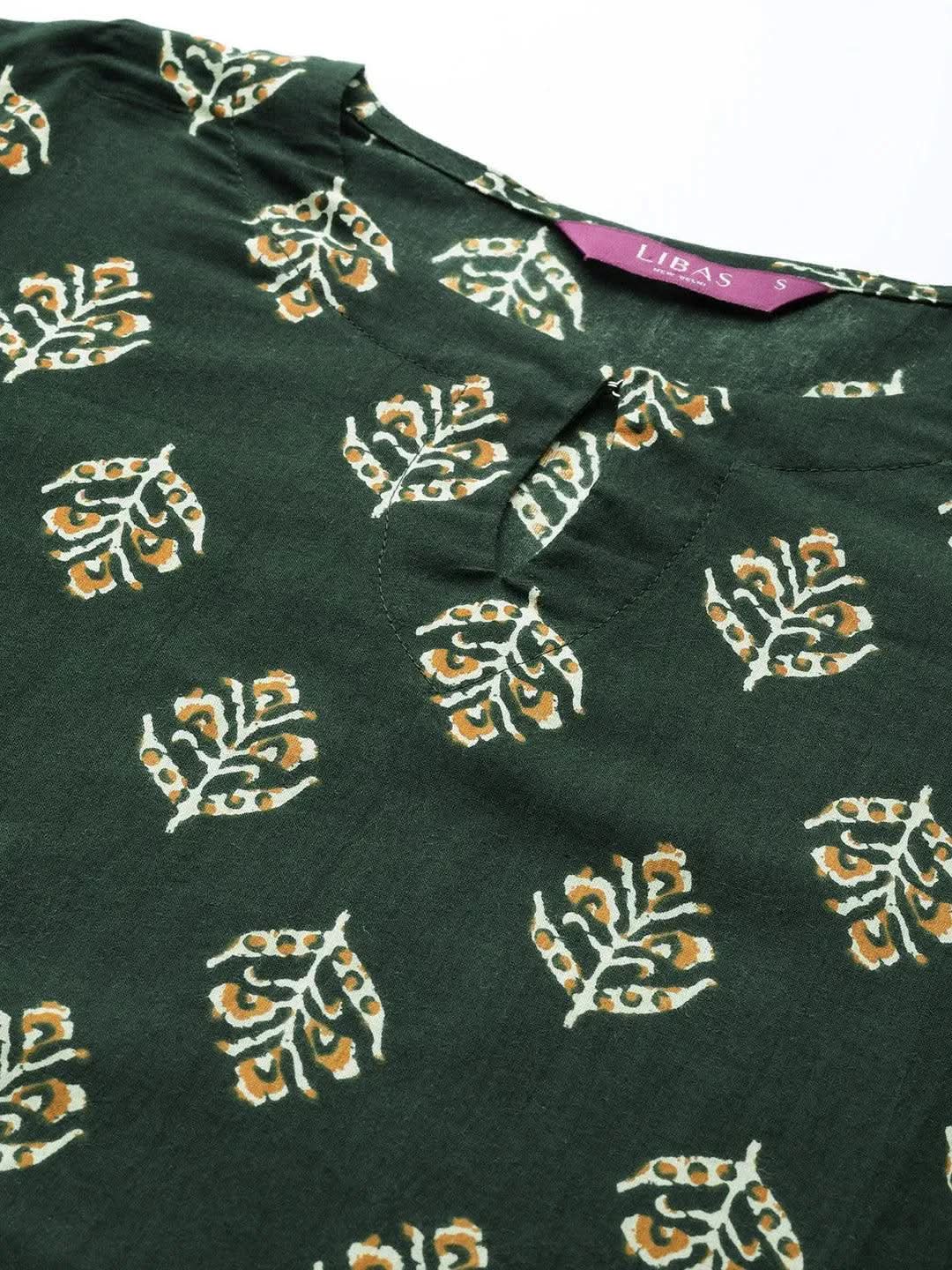 Green Printed Cotton Suit Set - Libas 